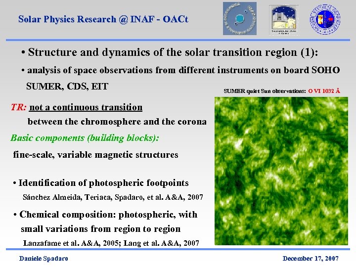 Solar Physics Research @ INAF - OACt • Structure and dynamics of the solar