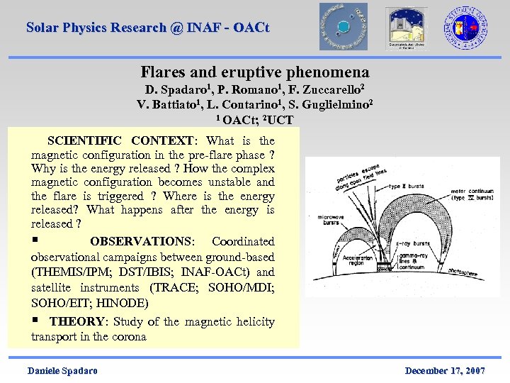 Solar Physics Research @ INAF - OACt Flares and eruptive phenomena D. Spadaro 1,