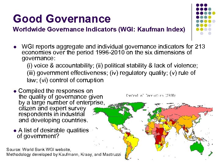 Good Governance Worldwide Governance Indicators (WGI: Kaufman Index) l l l WGI reports aggregate