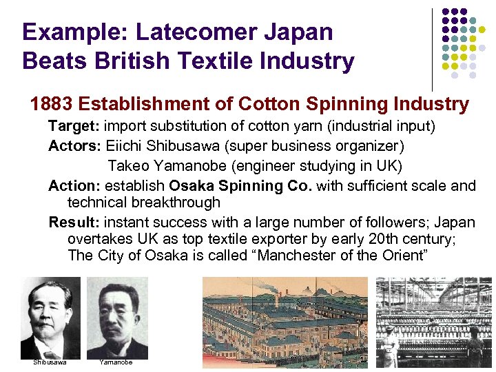 Example: Latecomer Japan Beats British Textile Industry 1883 Establishment of Cotton Spinning Industry Target: