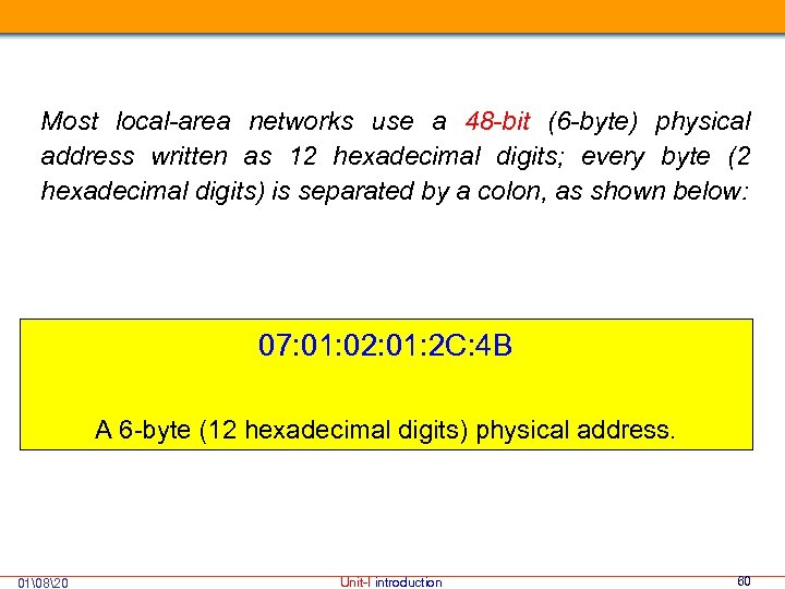 Most local-area networks use a 48 -bit (6 -byte) physical address written as 12