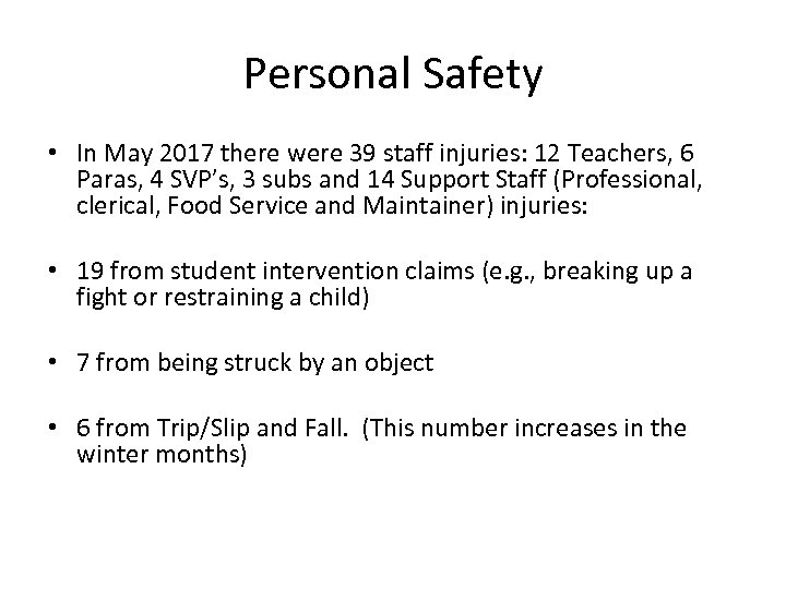 Personal Safety • In May 2017 there were 39 staff injuries: 12 Teachers, 6