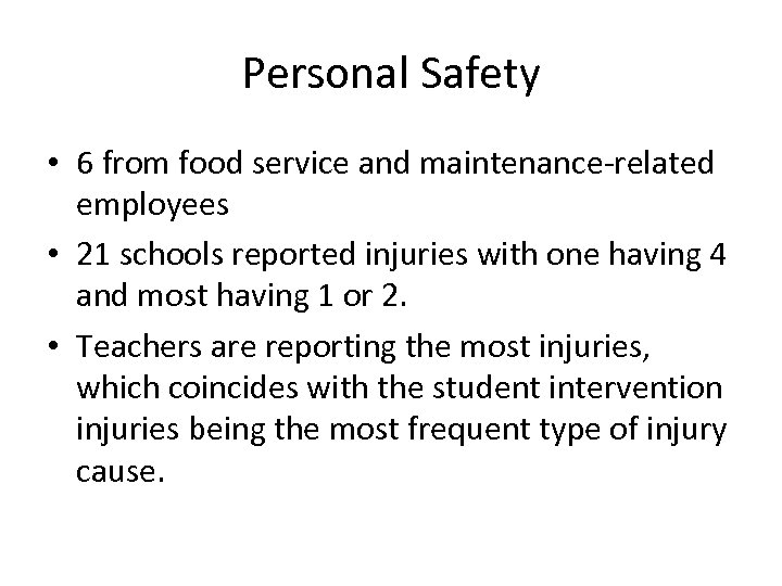 Personal Safety • 6 from food service and maintenance-related employees • 21 schools reported