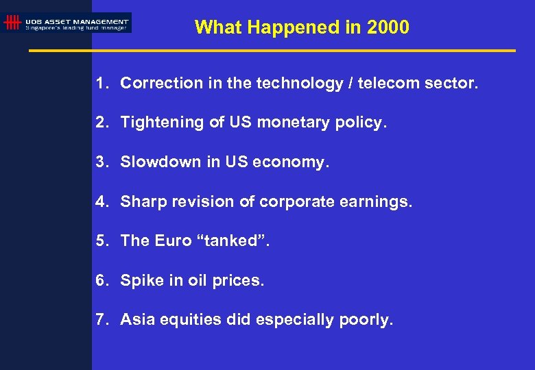 What Happened in 2000 1. Correction in the technology / telecom sector. 2. Tightening