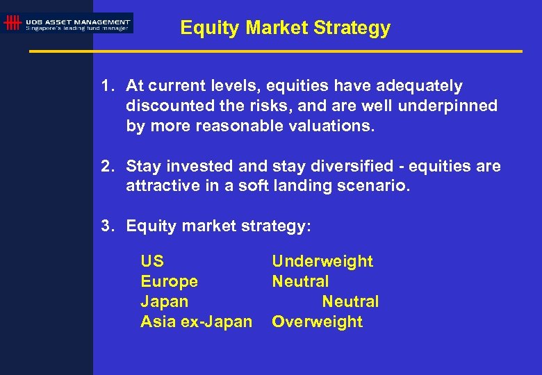 Equity Market Strategy 1. At current levels, equities have adequately discounted the risks, and
