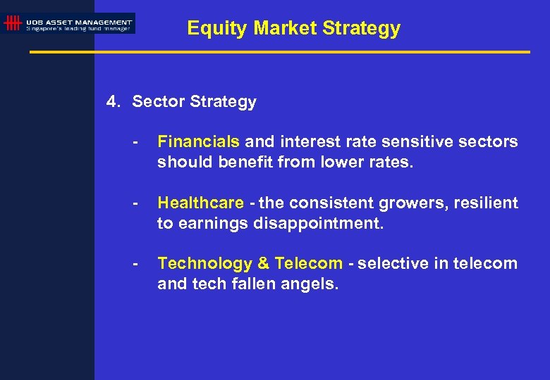 Equity Market Strategy 4. Sector Strategy - Financials and interest rate sensitive sectors should