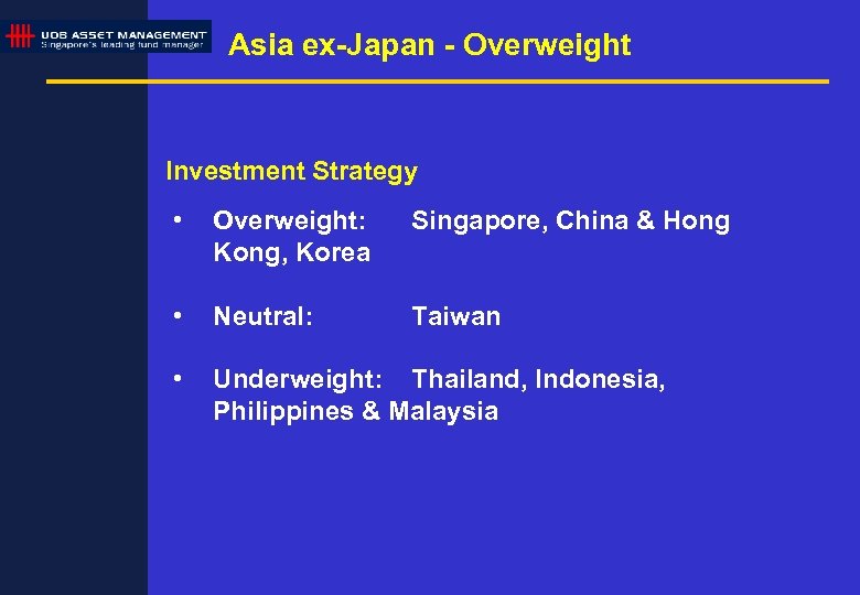 Asia ex-Japan - Overweight Investment Strategy • Overweight: Kong, Korea Singapore, China & Hong