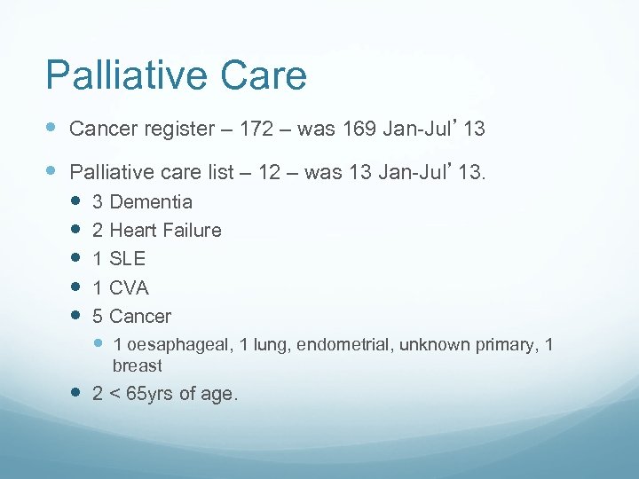 Palliative Care Cancer register – 172 – was 169 Jan-Jul’ 13 Palliative care list