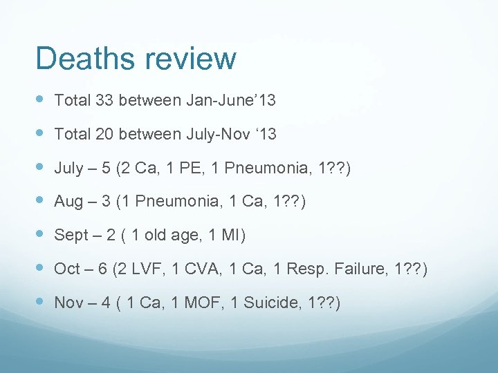 Deaths review Total 33 between Jan-June’ 13 Total 20 between July-Nov ‘ 13 July