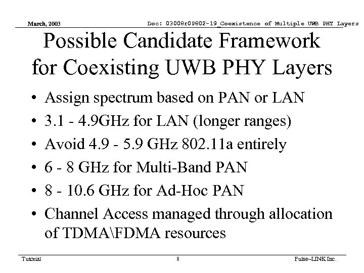 March, 2003 Doc: 03008 r 0 P 802 -19_Coexistence of Multiple UWB PHY Layers