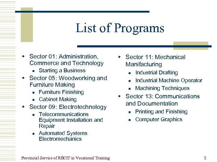 List of Programs w Sector 01: Administration, Commerce and Technology n Starting a Business
