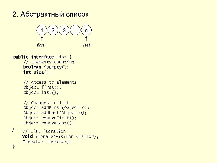 2. Абстрактный список 1 2 3 … first n last public interface List {