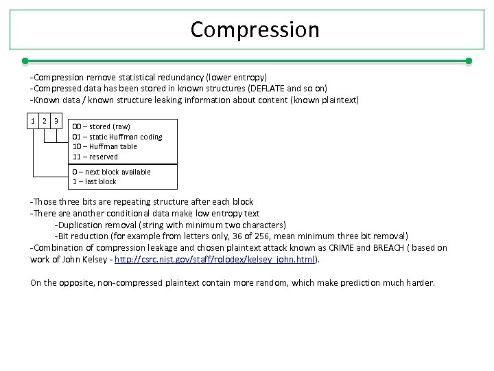 Compression -Compression remove statistical redundancy (lower entropy) -Compressed data has been stored in known