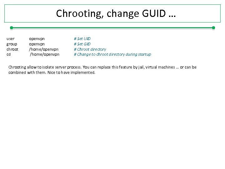 Chrooting, change GUID … user group chroot cd openvpn /home/openvpn # Set UID #