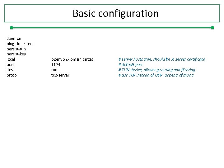 Basic configuration daemon ping-timer-rem persist-tun persist-key local port dev proto openvpn. domain. target 1194