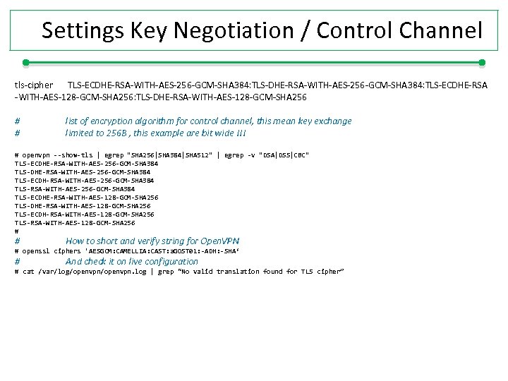 Settings Key Negotiation / Control Channel tls-cipher TLS-ECDHE-RSA-WITH-AES-256 -GCM-SHA 384: TLS-ECDHE-RSA -WITH-AES-128 -GCM-SHA 256: