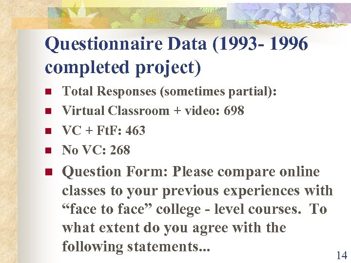 Questionnaire Data (1993 - 1996 completed project) n n n Total Responses (sometimes partial):