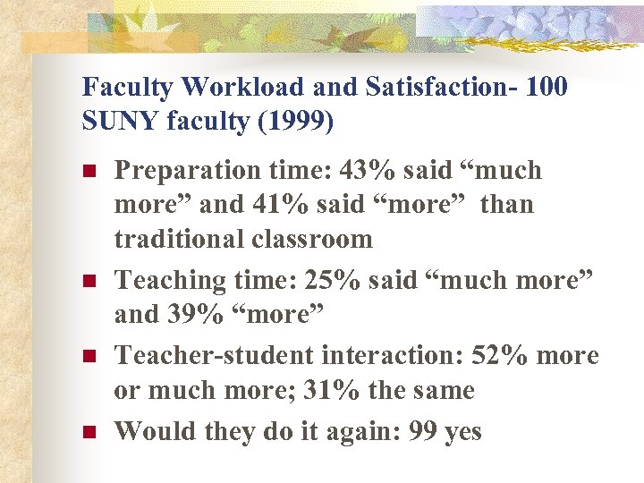 Faculty Workload and Satisfaction- 100 SUNY faculty (1999) n n Preparation time: 43% said
