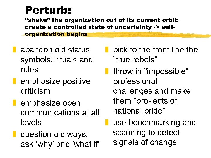 Perturb: ”shake” the organization out of its current orbit: create a controlled state of