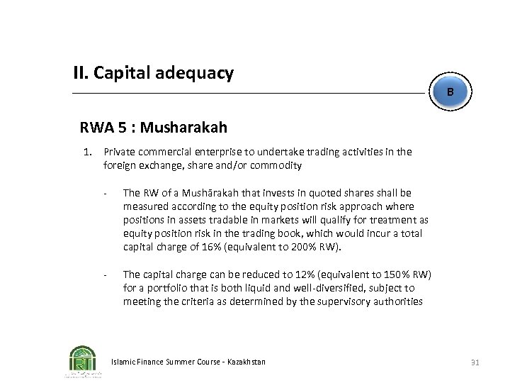 II. Capital adequacy B RWA 5 : Musharakah 1. Private commercial enterprise to undertake