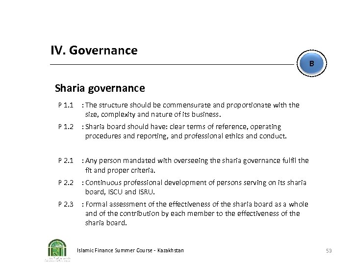IV. Governance B Sharia governance P 1. 1 : The structure should be commensurate