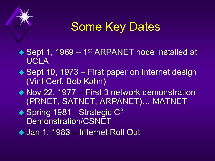 Some Key Dates u Sept 1, 1969 – 1 st ARPANET node installed at