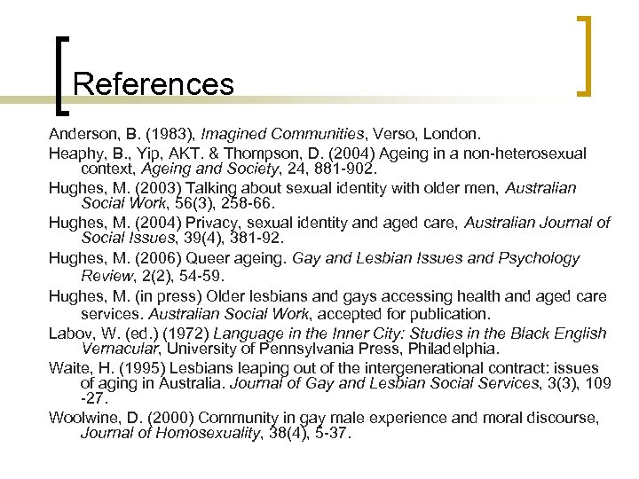 References Anderson, B. (1983), Imagined Communities, Verso, London. Heaphy, B. , Yip, AKT. &