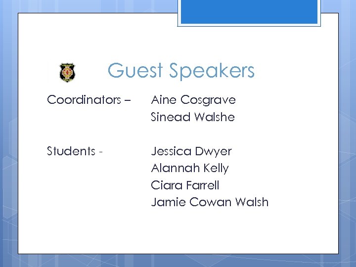 Guest Speakers Coordinators – Aine Cosgrave Sinead Walshe Students - Jessica Dwyer Alannah Kelly