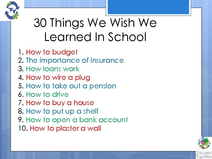 30 Things We Wish We Learned In School 1. How to budget 2. The