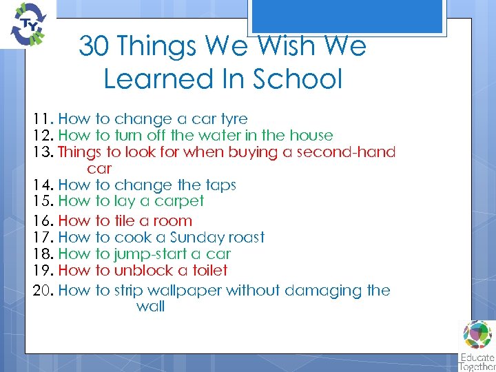 30 Things We Wish We Learned In School 11. How to change a car