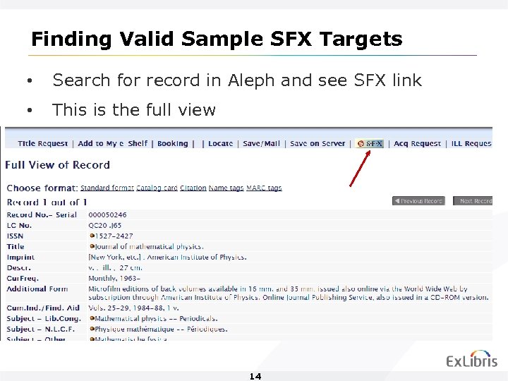 Finding Valid Sample SFX Targets • Search for record in Aleph and see SFX