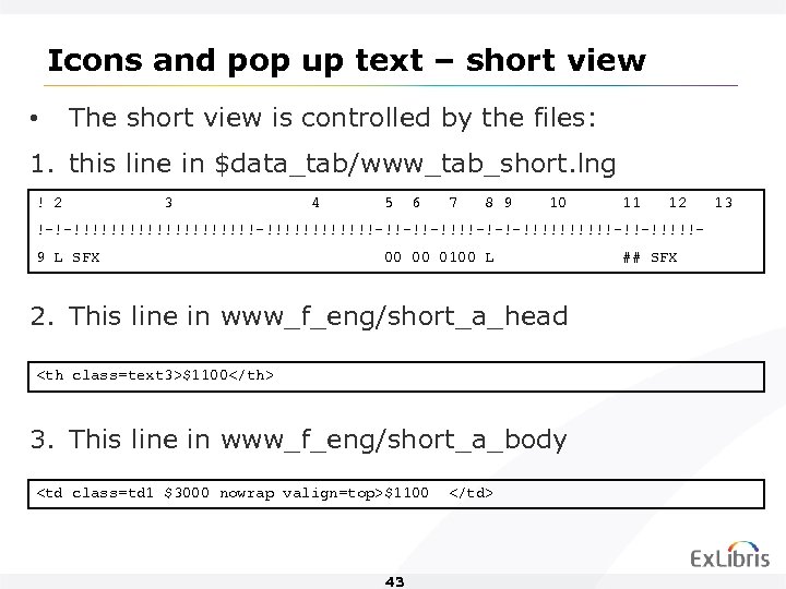 Icons and pop up text – short view • The short view is controlled