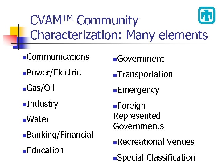 CVAMTM Community Characterization: Many elements n Communications n Government n Power/Electric n Transportation n
