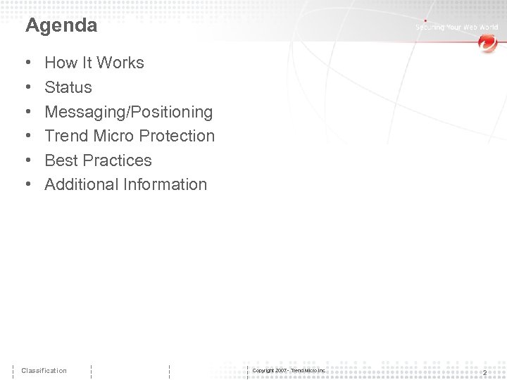 Agenda • • • How It Works Status Messaging/Positioning Trend Micro Protection Best Practices