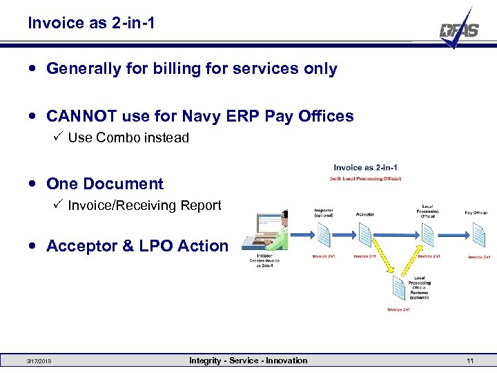 Invoice as 2 -in-1 Generally for billing for services only CANNOT use for Navy