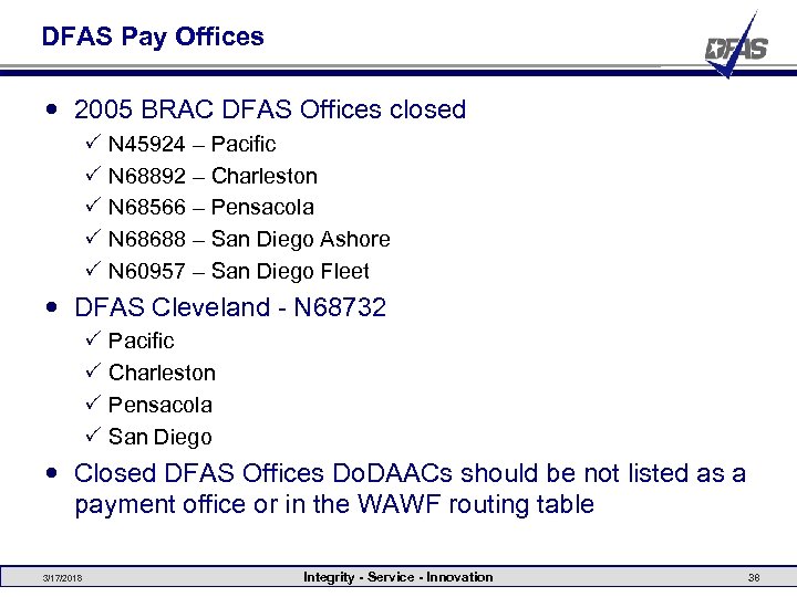 DFAS Pay Offices 2005 BRAC DFAS Offices closed P P P N 45924 –