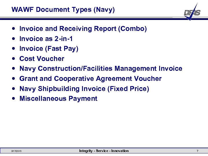 WAWF Document Types (Navy) Invoice and Receiving Report (Combo) Invoice as 2 -in-1 Invoice