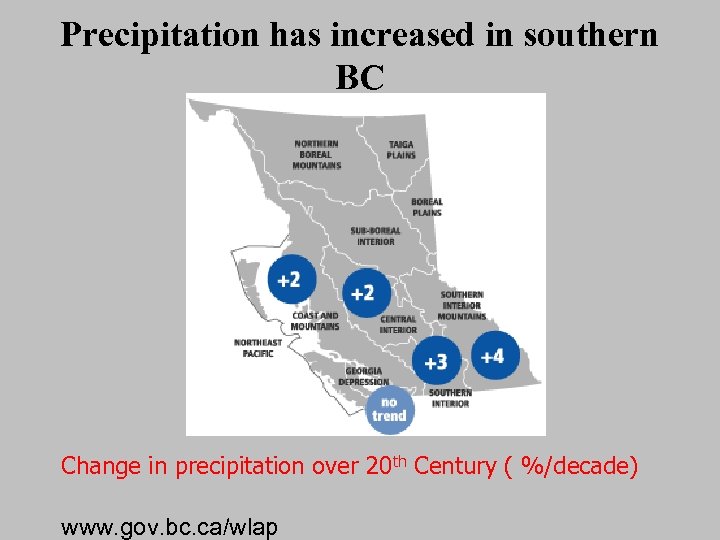 Precipitation has increased in southern BC Change in precipitation over 20 th Century (
