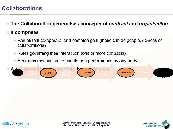 Collaborations § The Collaboration generalises concepts of contract and organisation § It comprises •