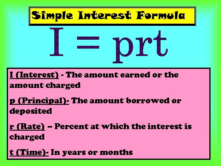 Simple Interest Formula I (Interest) - The amount earned or the amount charged p