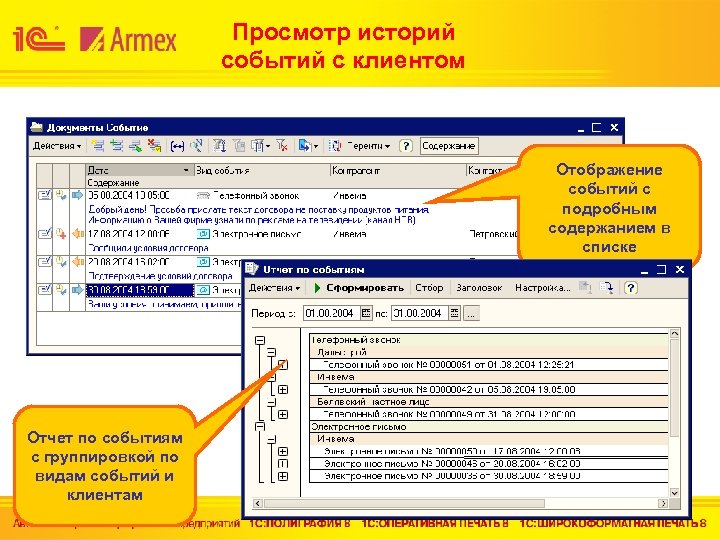 Просмотр историй событий с клиентом Отображение событий с подробным содержанием в списке Отчет по
