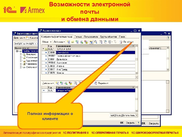 Возможности электронной почты и обмена данными Полная информация о клиенте 