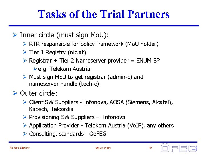 Tasks of the Trial Partners Ø Inner circle (must sign Mo. U): Ø RTR