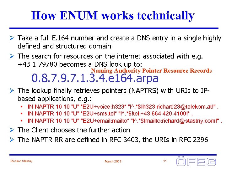 How ENUM works technically Ø Take a full E. 164 number and create a