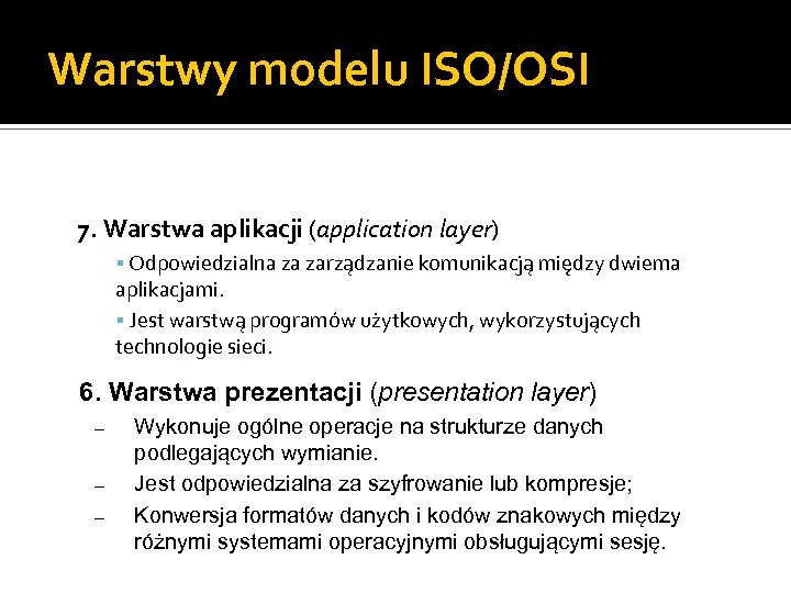 Warstwy modelu ISO/OSI 7. Warstwa aplikacji (application layer) Odpowiedzialna za zarządzanie komunikacją między dwiema