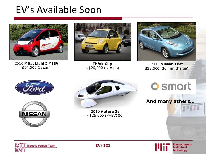 EV’s Available Soon 2010 Mitsubishi I MIEV $24, 000 (Japan) Th!nk City ~$25, 000