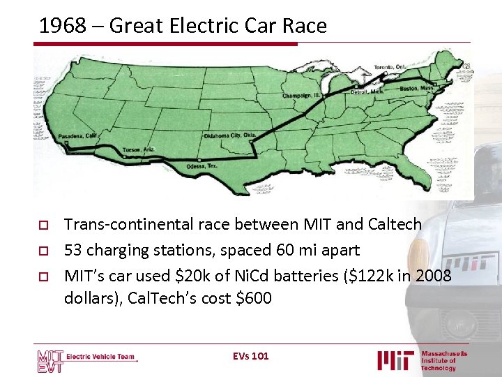 1968 – Great Electric Car Race o o o Trans-continental race between MIT and