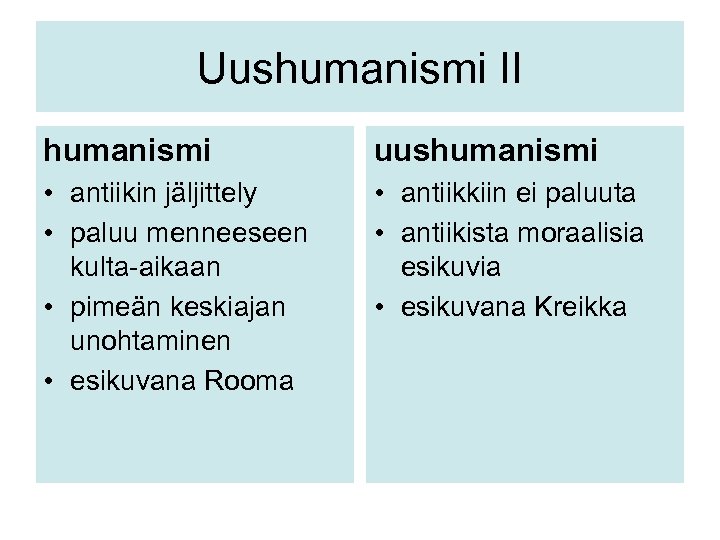 Uushumanismi II humanismi uushumanismi • antiikin jäljittely • paluu menneeseen kulta-aikaan • pimeän keskiajan