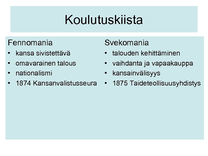 Koulutuskiista Fennomania Svekomania • • kansa sivistettävä omavarainen talous nationalismi 1874 Kansanvalistusseura talouden kehittäminen