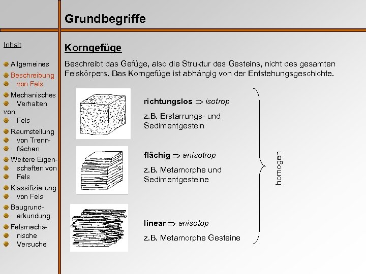 Grundbegriffe Allgemeines Beschreibung von Fels Mechanisches Verhalten von Fels Raumstellung von Trennflächen Weitere Eigenschaften